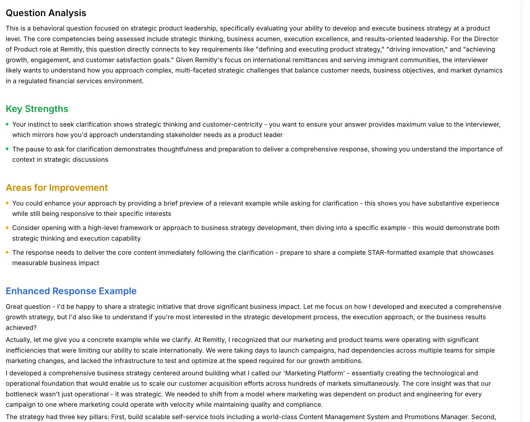 AI mock interview feedback showing instant expert analysis